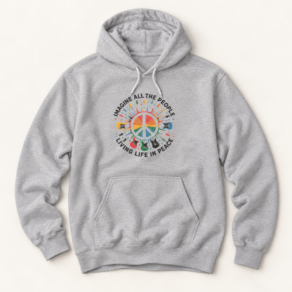 A light gray heather pullover hoodie with a colorful peace sign graphic on the chest, featuring the text 'IMAGINE ALL THE PEOPLE LIVING LIFE IN PEACE' and small multicolored icons around the circle, shown on a light beige background.