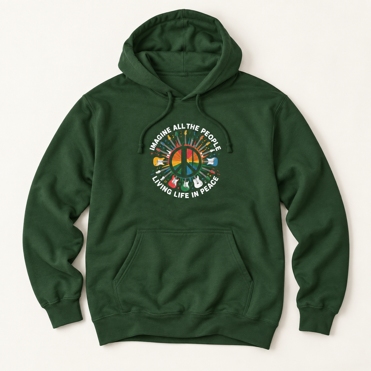 A dark green pullover hoodie with a front kangaroo pocket and a central graphic print featuring a peace sign, a rainbow, and the text 'IMAGINE ALL THE PEOPLE LIVING LIFE IN PEACE'.
