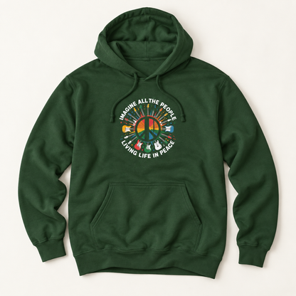 A dark green pullover hoodie with a front kangaroo pocket and a central graphic print featuring a peace sign, a rainbow, and the text 'IMAGINE ALL THE PEOPLE LIVING LIFE IN PEACE'.