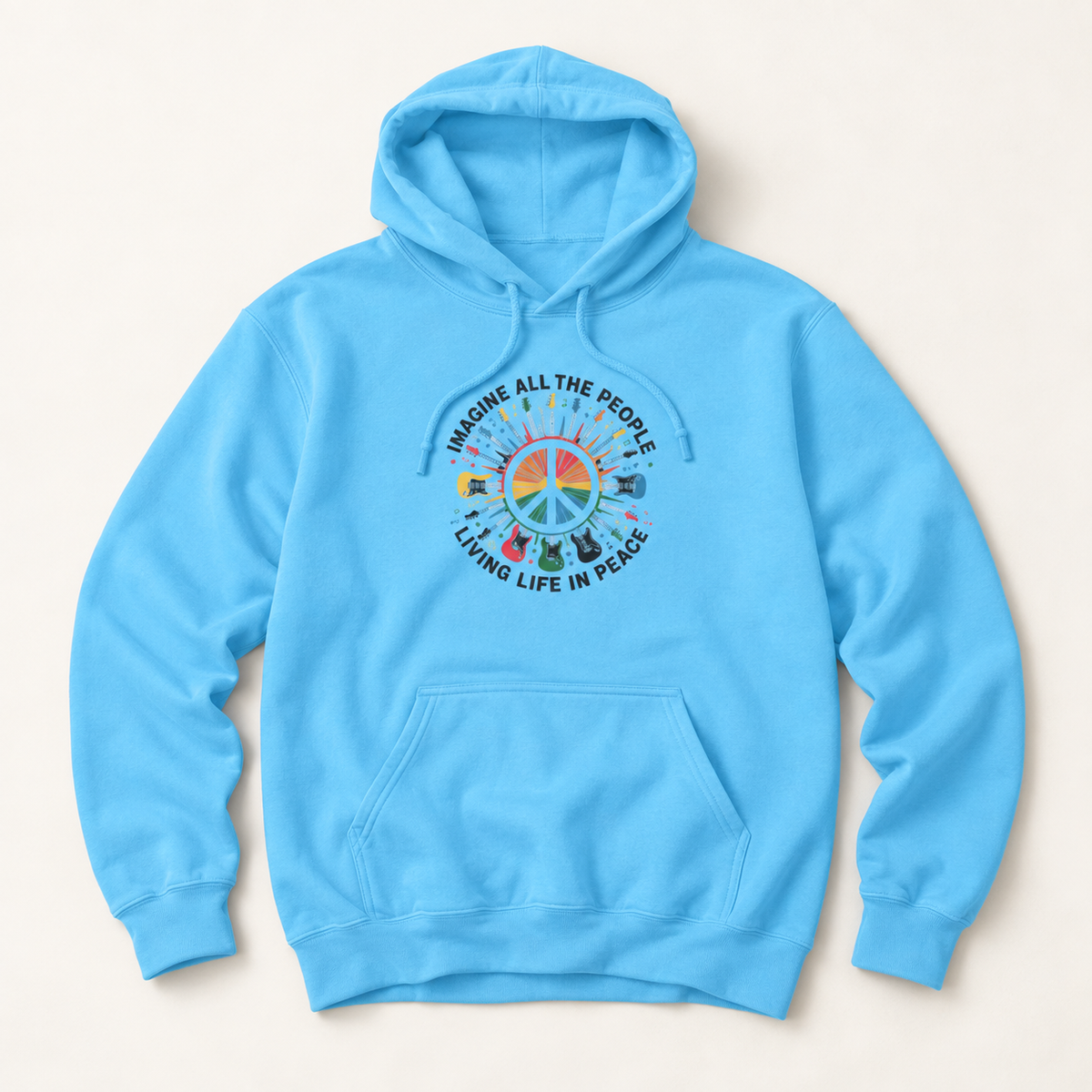 A light blue pullover hoodie with a colorful peace sign graphic and the text 'IMAGINE ALL THE PEOPLE LIVING LIFE IN PEACE' printed on the chest, displayed flat against a light beige background.