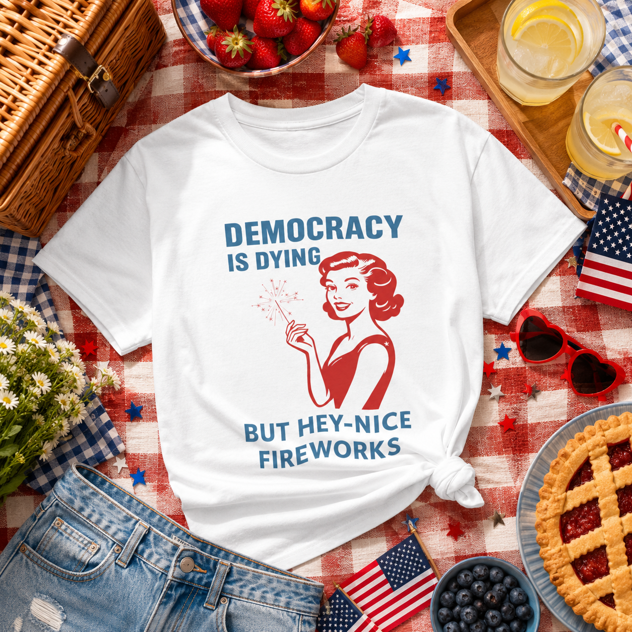 Democracy Is Dying But Cool Fireworks T-Shirt – Classic Fit Cotton Tee | Funny Political Statement Shirt