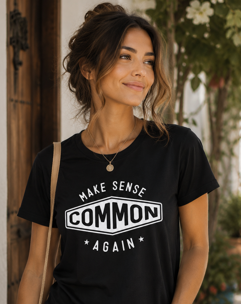 Woman wearing a black t-shirt with 'Make Sense Common Again' text, standing outdoors.