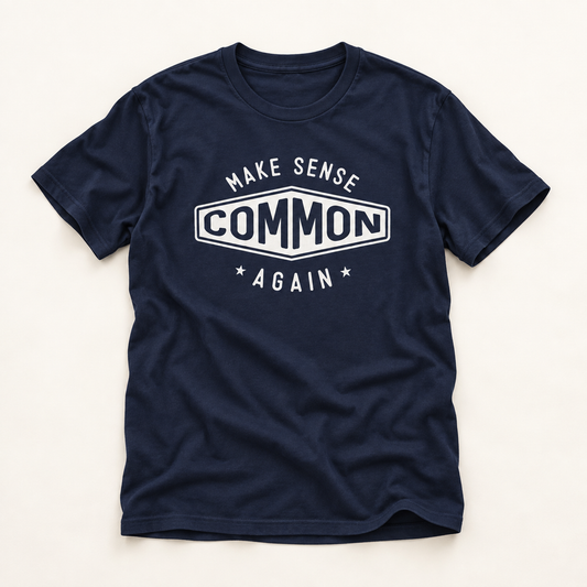 A navy blue short-sleeve t-shirt with a white graphic print on the chest that reads 'MAKE SENSE COMMON AGAIN' with stars, laid flat on a light beige background.