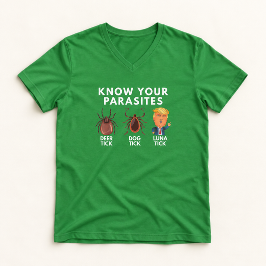 Know Your Parasites V-Neck T-Shirt – Lightweight Cotton Tee | Funny Deer Tick Dog Tick Luna Tick Humor Shirt