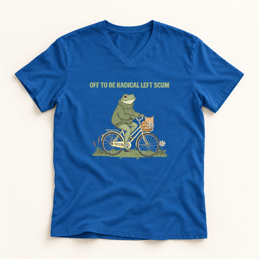 Off to Be Radical Left Scum Frog Bike V-Neck T-Shirt – Lightweight Cotton Tee | Funny Political Activist V-Neck Shirt