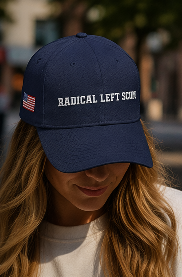 Navy blue cap with 'RADICAL LEFT SCUM' text, promotional image with text and people wearing the cap.