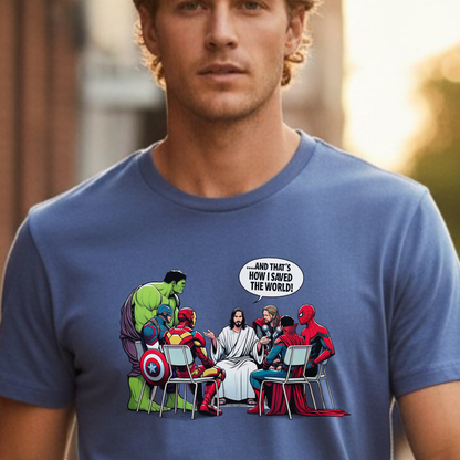 Jesus & Superheroes Coffee Break T-Shirt – Garment Dyed Heavyweight Tee | Funny Graphic Shirt