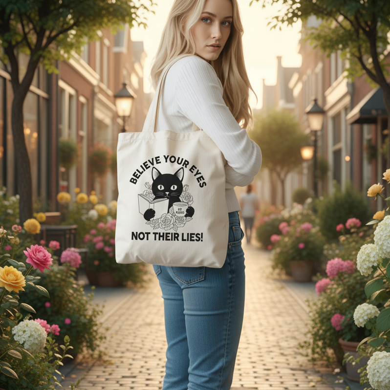 Believe Your Eyes Not Their Lies Cat Canvas Tote Bag – Durable 12oz Natural Cotton Eco Tote | Funny Political Cat Lover Reusable Bag