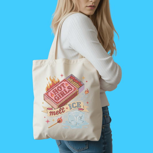 Hot Girls Melt ICE Anti-ICE Retro Canvas Tote Bag – Durable 12oz Natural Cotton Eco Tote | Funny Feminist Political Reusable Bag
