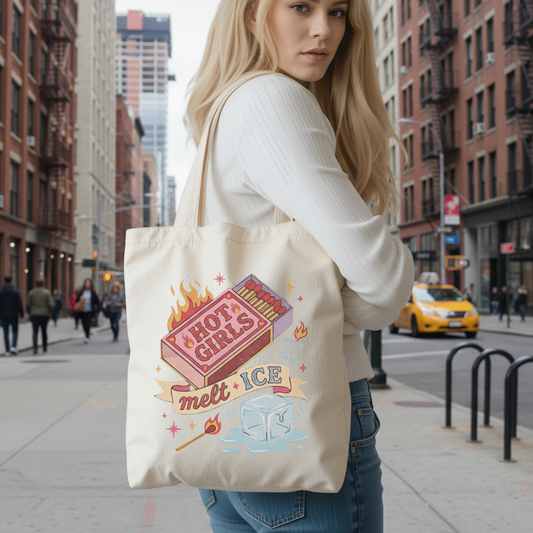 Hot Girls Melt ICE Anti-ICE Retro Canvas Tote Bag – Durable 12oz Natural Cotton Eco Tote | Funny Feminist Political Reusable Bag