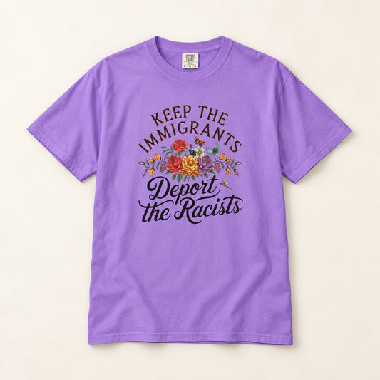 Keep the Immigrants T-Shirt, product photo on warm off-white background