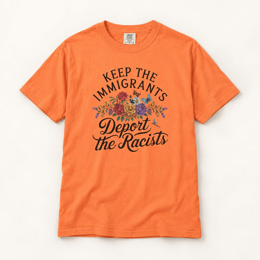 Keep the Immigrants T-Shirt, product photo on warm off-white background