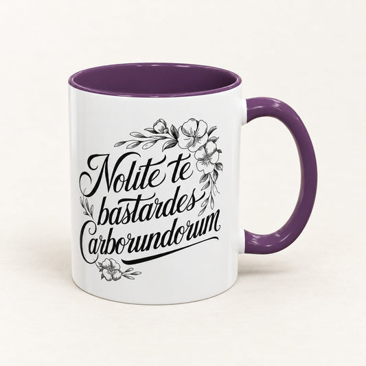 Don't Let the Bastards Grind You Down Coffee Mug, 11 oz / Purple, on a warm off-white background