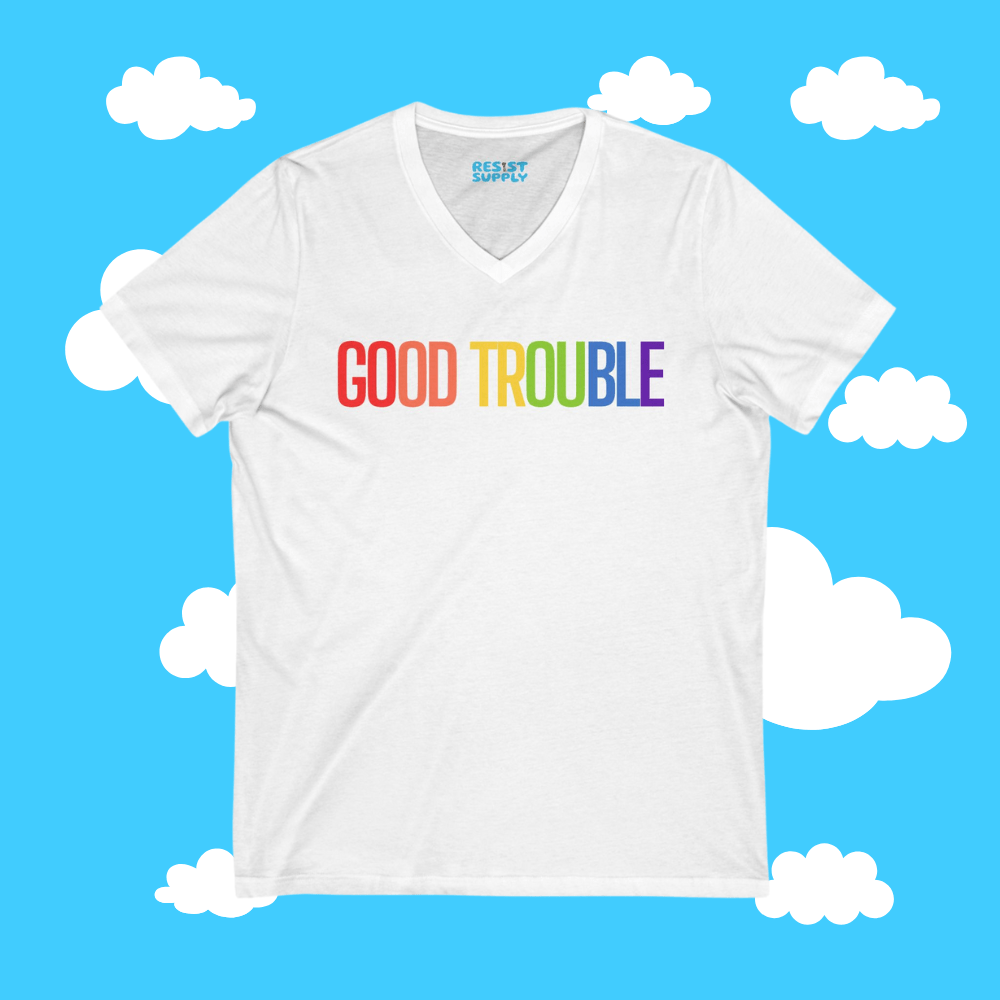 Rainbow Good Trouble Unisex V-Neck Tee - Resist Supply #